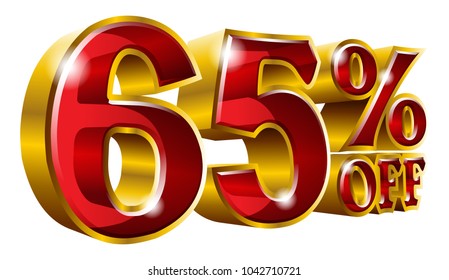 65% off - Sixty five percent off discount gold and red sign. Vector illustration. Special Offer 65 % Off Discount Tag. Ideal for Sticker, Banner, Advertising, TV Commercial and any Decoration.