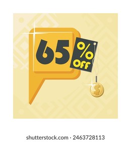 65% Off. A sixty five percent discount orange balloon sticker with a black tag and a Golden coin over a yellow abstract background.