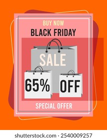 65% off sixty five percent off Black Friday buy now sale special offer 65%off Letters numbers background bags bags designs oranges reds yellows blacks whites and grays, black friday bags shadows.eps