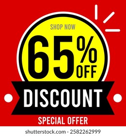 65% off sixty five percent off 65%off discount shop now special offer 65 % off Promotions with black and white numbers, yellow circles ball, red background, black and yellow designs.eps