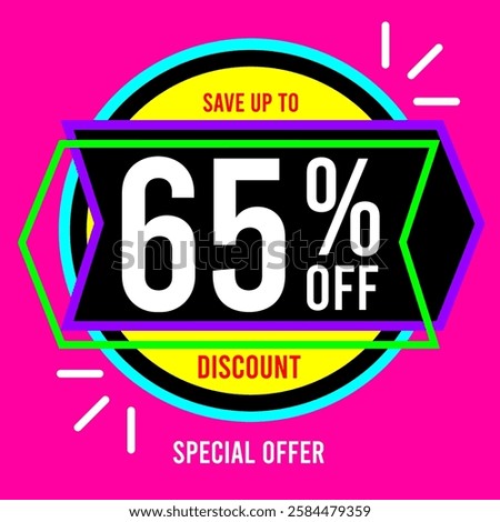 65% off sixty five percent off 65%off Save up to 65 % off discount special offer 65 letters numbers white and red, balls yellow black blue, pink background, drawings purple white green black.eps