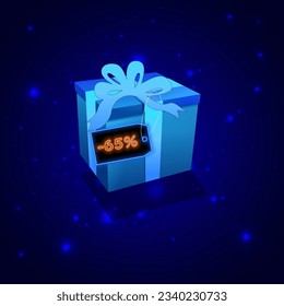 65% off. sixty-five percent off. in blue and orange colors. neon style. Sale symbol with decorative objects, gift box. sale tag. Sale banner and poster. Vector illustration.