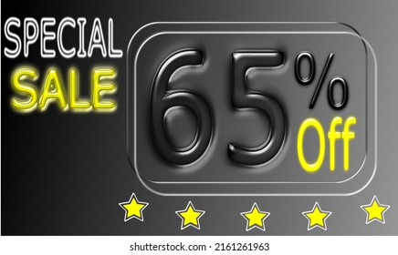 65% off special sale,five yellow stars,black gradient background,vector image