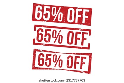 65% Sello de goma rojo despegado sobre fondo blanco. 65% de señal de despido. 65% de descuento de sello SET.