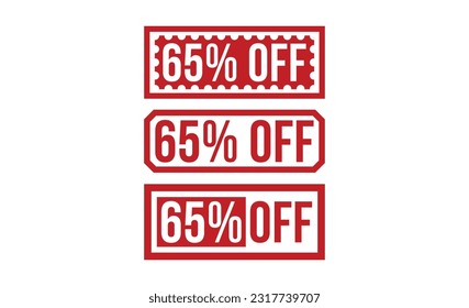 65% Sello de goma rojo despegado sobre fondo blanco. 65% de señal de despido. 65% de descuento de sello SET.