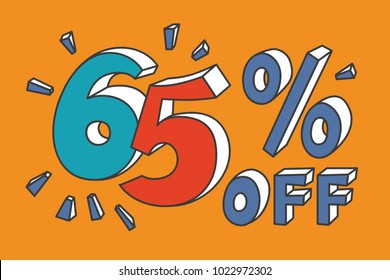 65 % off. Turquoise, red and blue sixty-five percent off on yellow background. Hand drawn funny doodle design for flyer, poster, banner, icon or header. Vector EPS10
