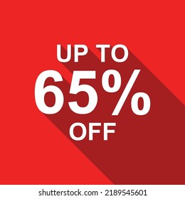 up to 65% off white text on a red background