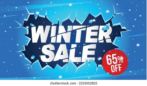 65% de descuento. Banner de invierno con un descuento del sesenta y cinco por ciento en un globo azul para las ventas de invierno.