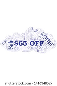 $65 Off word cloud. Wordcloud made with text only.