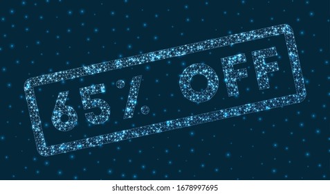 65% off word in digital style. Glowing geometric 65% off badge. Beautiful vector illustration.