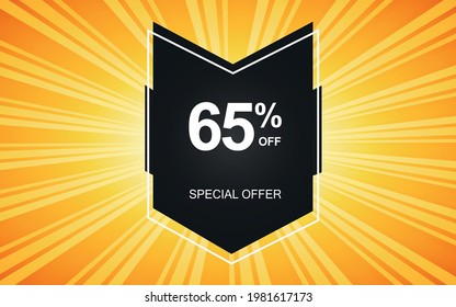 65% off. Yellow banner with sixty-five percent discount on a black balloon for mega offers.

