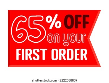 65% de descuento en su primera compra. ilustración de arte vectorial con fuentes y colores variados, blanco, rojo y negro