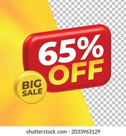 
65 Percent 3D Tag Red Discount yellow background vector