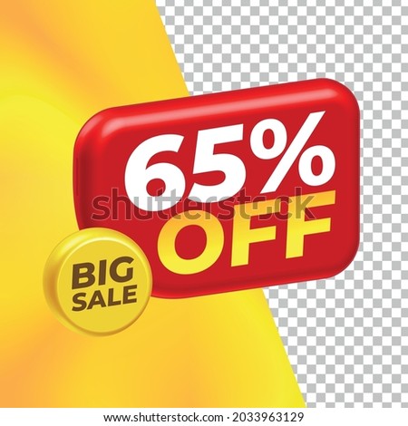 
65 Percent 3D Tag Red Discount yellow background vector