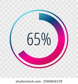 65 percent circle chart, isolated symbol. Vector gradient element. Infographic sign. Illustration, icon for business, finance, report, web design, downloading