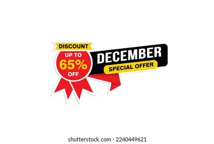 65 Percent december discount offer, clearance, promotion banner layout with sticker style. 
