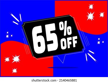 -65 percent discount. 65% discount. Up to 65%. Blue and red banner with floating balloon for promotions and offers.  Vector. Discount and offer board.