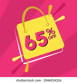 65 percent discount. Pink banner with floating bag for promotions and offers