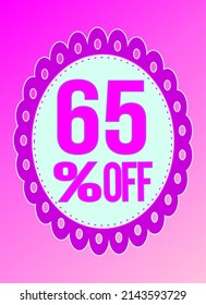 65 percent discount. -65. Pink and rose banner. Discount and offer board.