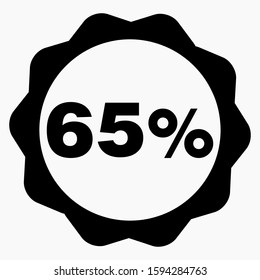 The 65 percent drop icon is dark. Price drop. Interest rate reduction. Sell-out. Stock symbol. Discount. Markdown of goods. Bonus discount. Vector icon.