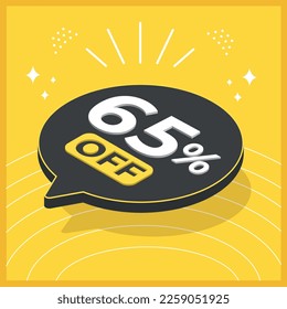 65 percent off. 3D floating balloon with promotion for sales on yellow background