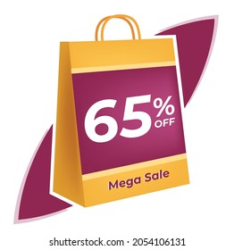 65 percent off. 3D Yellow shopping bag concept in white background.