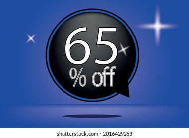 65 percent off black balloon and floating. with blue background, banner 65% off blue, shadow