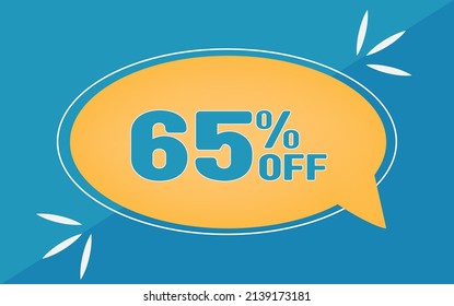 65 percent off. Dicount for big sales. Yellow ballon and blue background.