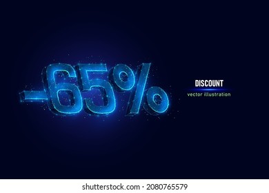 65 percent off digital wireframe made of connected dots. Holiday discount low poly vector illustration on blue background.