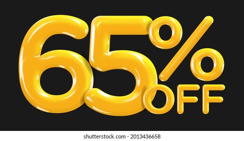 65 % Rabatt. Discount kreative Komposition von goldenen oder gelben Ballons. 3D Mega-Verkauf oder 65% Bonus-Symbol auf schwarzem Hintergrund. Verkaufen Sie Banner und Poster. Vektorgrafik.
