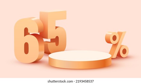 65 percent Off. Discount creative composition. Product presentation, mock up, podium. Sale banner and poster. Vector illustration.