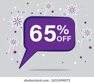 65% de desconto. Desconto para suas vendas. Roxo e cores brancas. 