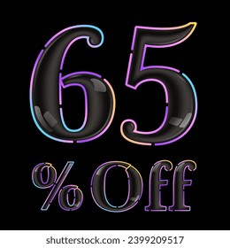 65% percent OFF glossy black lettering with vivid neon lines. Rainbow gradient 3D badge for Super Sale banner. Colorful vector emblem for Special Price design, Discount Offer labels, Coupon Template.