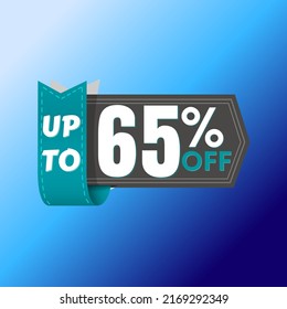 65% percent off, with online discount label design, UP to, icon in black and cyan flag and blue background, Big sale