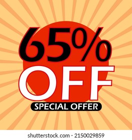 65 percent off orange button banner for deals promotions.