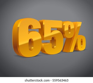 65% percent off, sale background, golden-yellow isolated object 3D. Eps10 Vector.