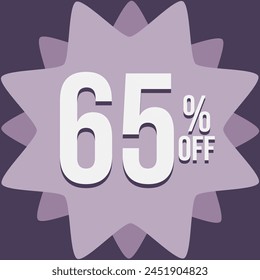65 percent off in white, in a light pink format with a dark purple background