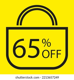 65 percent off. Yellow banner with shopping bag illustration.