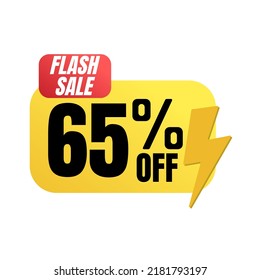 65% percent off(offer), flash sale, yellow and red lightning discount 3D design. vector illustration