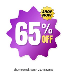 65% percent off(offer), shop now, purple and yellow 3D super discount sticker, sale. vector illustration