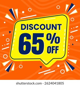 65 Percent Promotional Discount Banner Design with Yellow Balloon and Orange Background for Sales, Offers, and Marketing Promotions