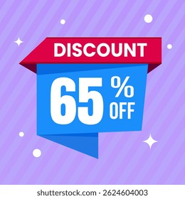 65 Percent Promotional Discount Banner Design with Blue Balloon and Purple Background for Sales, Offers, and Marketing Promotions