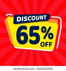 65 Percent Promotional Discount Banner Design with Yellow Balloon and Red Background for Sales, Offers, and Marketing Promotions