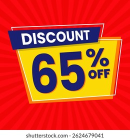 65 Percent Promotional Discount Banner Design with Yellow Balloon and Red Background for Sales, Offers, and Marketing Promotions