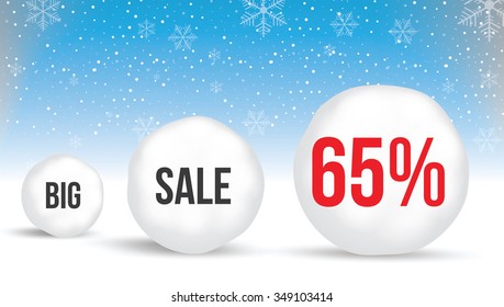 65 percent, Sale background with snowballs and snow. Sale. Winter sale. Christmas sale. New year sale. Vector illustration