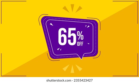 65 percent, sixty five percent. Discount banner shape. Sale coupon purple bubble icon. Special offer badge. Yellow abstract background. Modern concept design. Banner with offer badge. Vector
