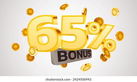 65 percents bonus. Falling golden coins. Cashback or prize concept. Vector illustration