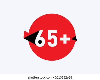 65 plus Age limit icons, 65+ restriction flat sign isolated on white background