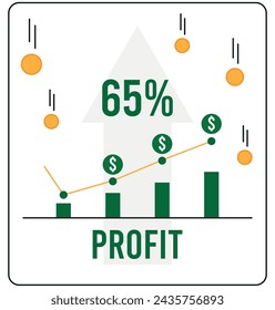 65% profit. Vector investment and receiving profits, concept finance and earning money