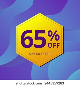 65% Sale and Discount Label. Sixty five percent Sale Discount label Geometric design. Abstract Blue and Yellow Hexagon. Vector illustration.